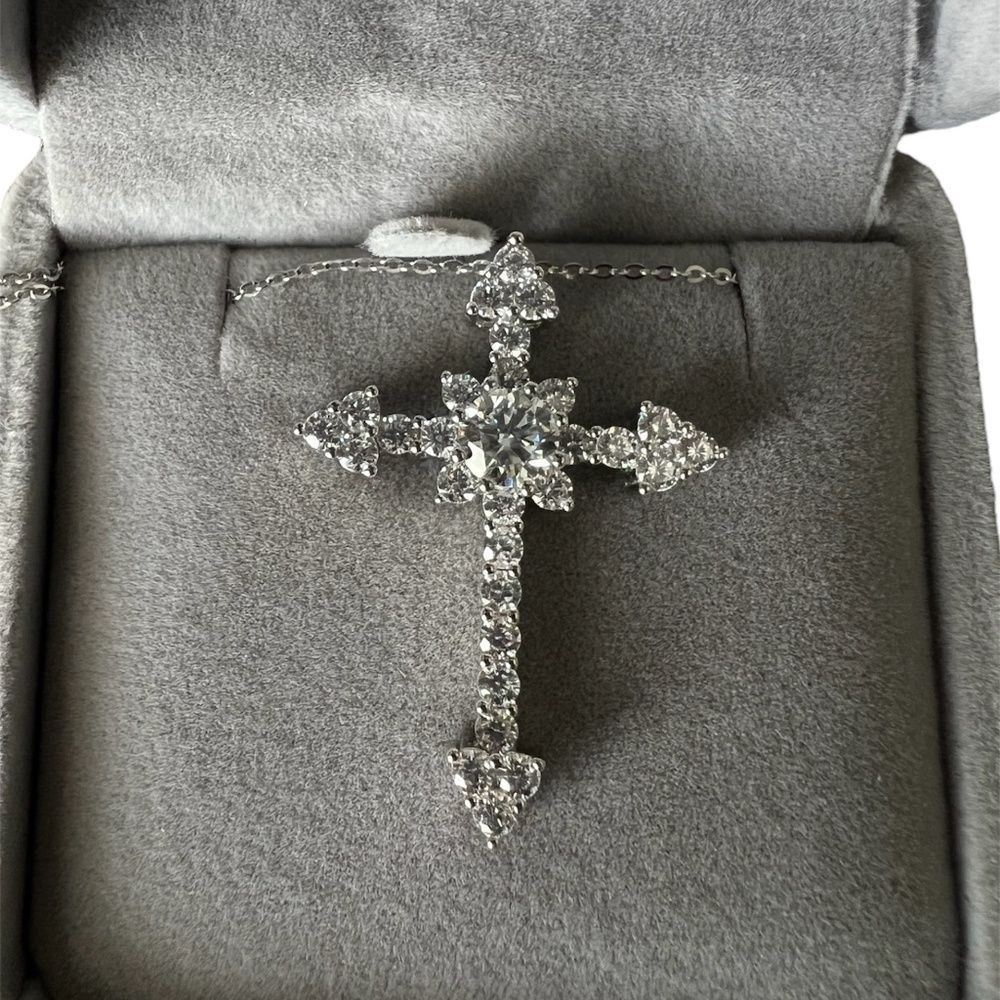 Moissanite Sterling Silver 925 Cross Pendant Adjustable Necklace Set 16-18 inch